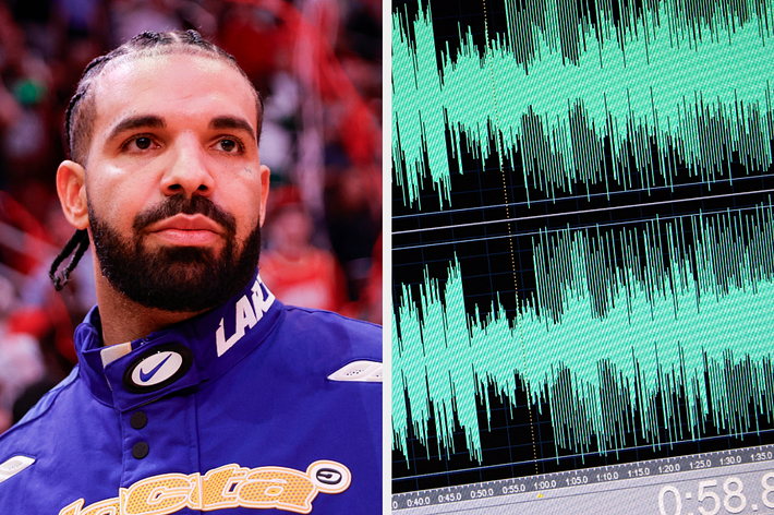 Drake in a sports jacket with audio waveforms displayed on a monitor