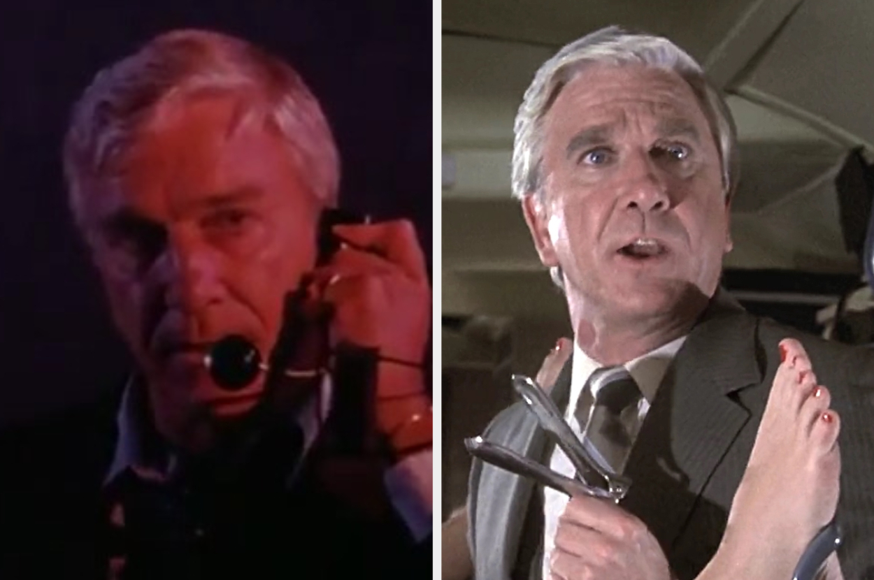 Leslie Nielsen holding a phone in the left image; in the right image he is in a suit with a stethoscope, likely in a comedic movie scene with feet in the foreground