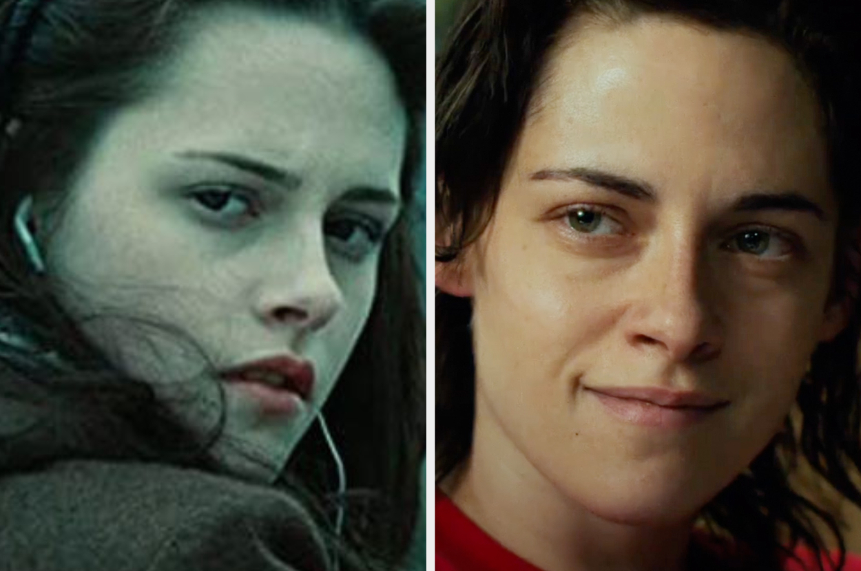 Kristen Stewart side-by-side comparison of two roles: left as Bella Swan in "Twilight" with earphones, right smiling in another role