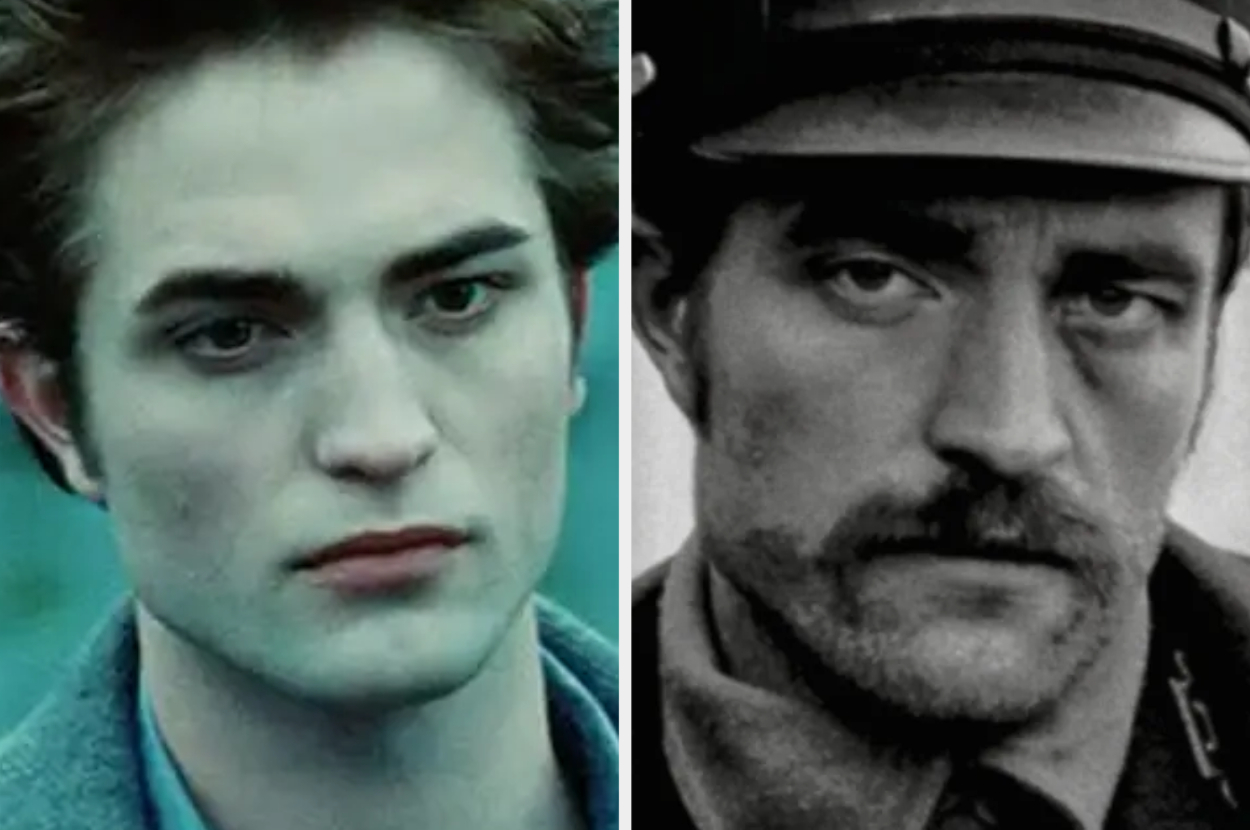 Side-by-side images of Robert Pattinson: one as Edward Cullen from Twilight, the other in an older role with a mustache and hat