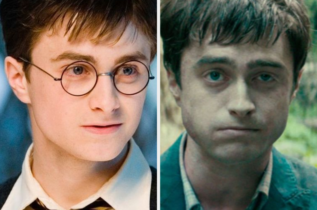 Daniel Radcliffe in two side-by-side images; one as Harry Potter in wizard attire, and one as a character with a serious expression in casual clothing