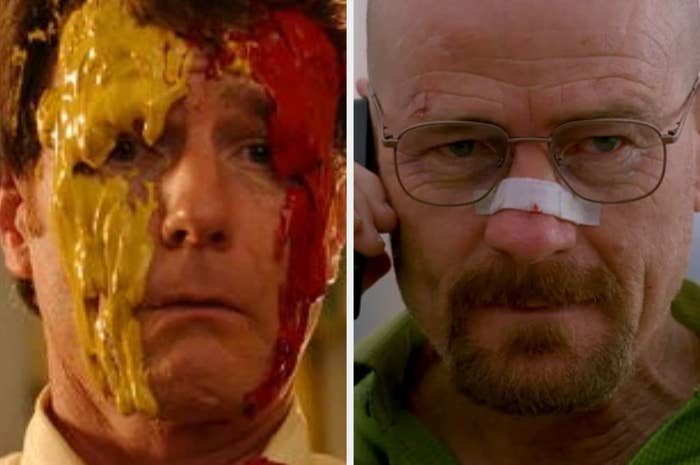 Two images of Bryan Cranston as Walter White from Breaking Bad. Left: Walter's face is splattered with red and yellow paint. Right: Walter has a bandage on his nose
