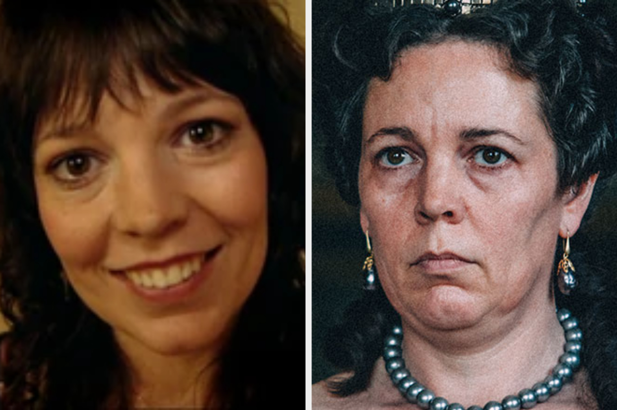 Side-by-side images of Olivia Colman, one smiling casually, the other in historical costume with ornate jewelry and an elaborate hairstyle