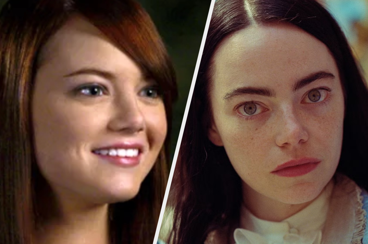 Side-by-side images of Emma Stone: one smiling with straight hair, and one serious with minimal makeup, wearing a high-collared garment