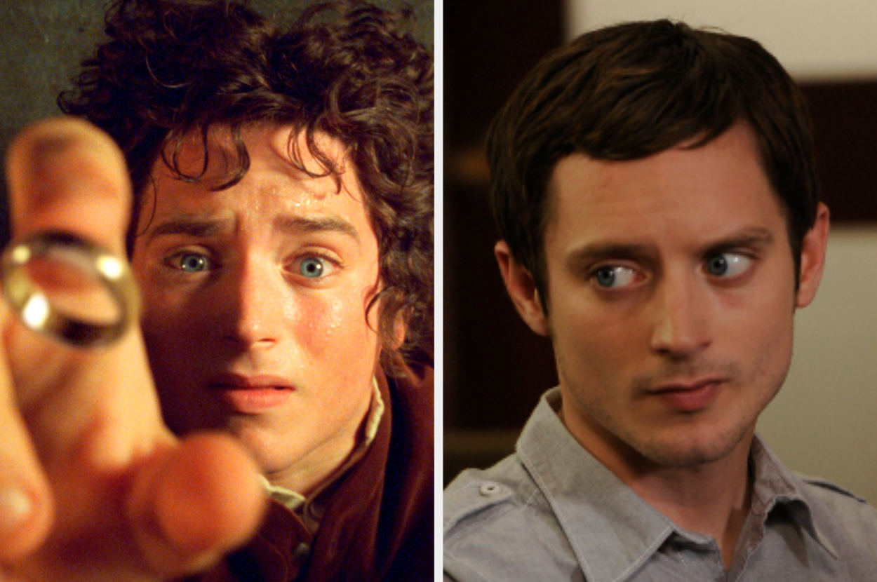 Left: Frodo Baggins holding the One Ring in "The Lord of the Rings." Right: Elijah Wood looking sideways in casual clothing
