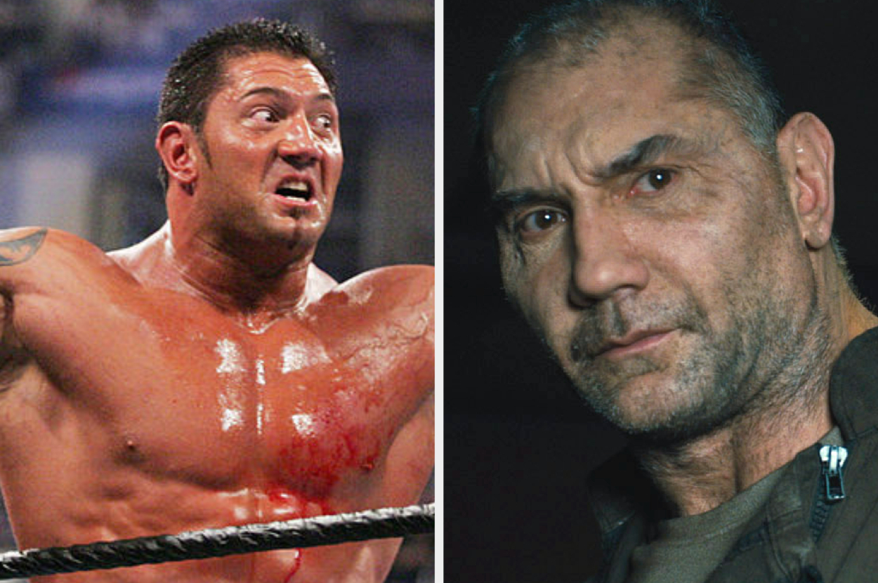 Two images of Dave Bautista, one of him as a wrestler in the ring, and the other a serious close-up from an acting role