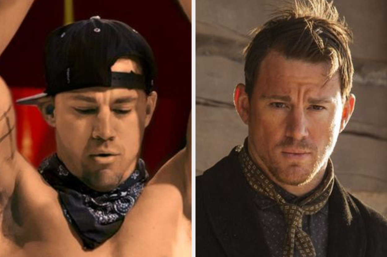 Two images of Channing Tatum: one in a shirtless performance with a cap and bandana, and another in rugged attire with a scarf