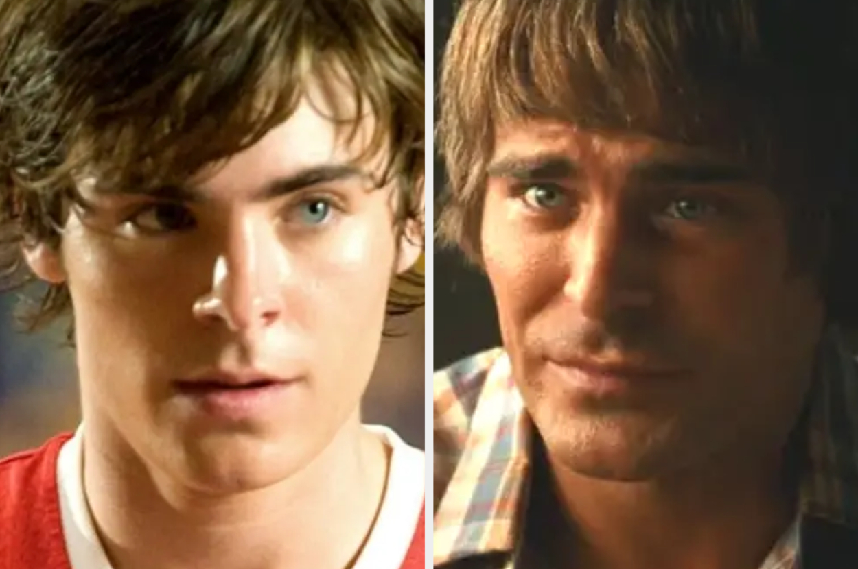 Side-by-side images of Zac Efron: left image shows young Zac in a red shirt, right image shows older Zac with longer hair in a plaid shirt, looking serious