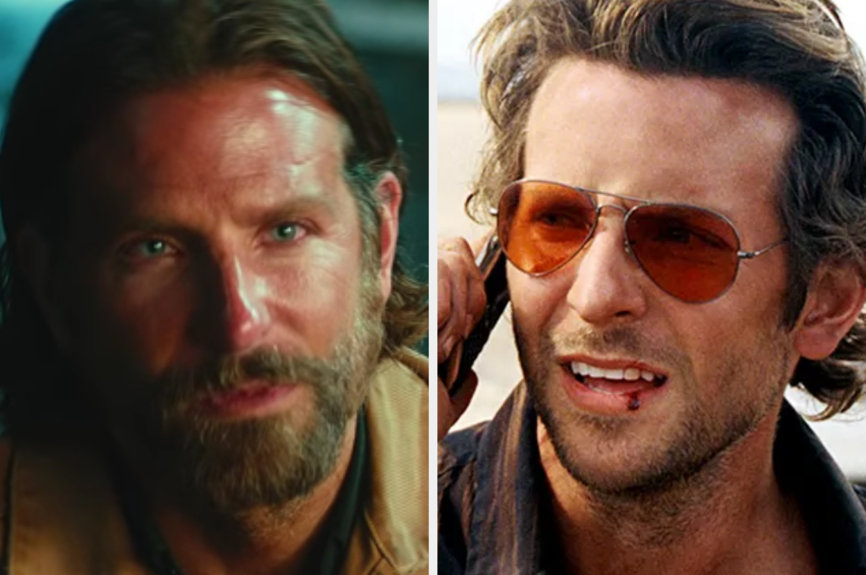 Two images side by side of Bradley Cooper. On the left, he has long hair and a beard, while on the right, he's wearing sunglasses and has short hair
