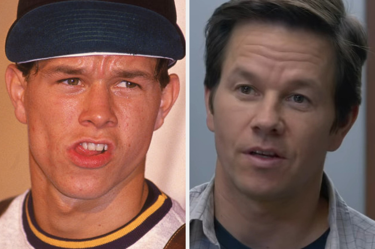 Two side-by-side photos of Mark Wahlberg: one from his youth wearing a cap, and one as an adult speaking