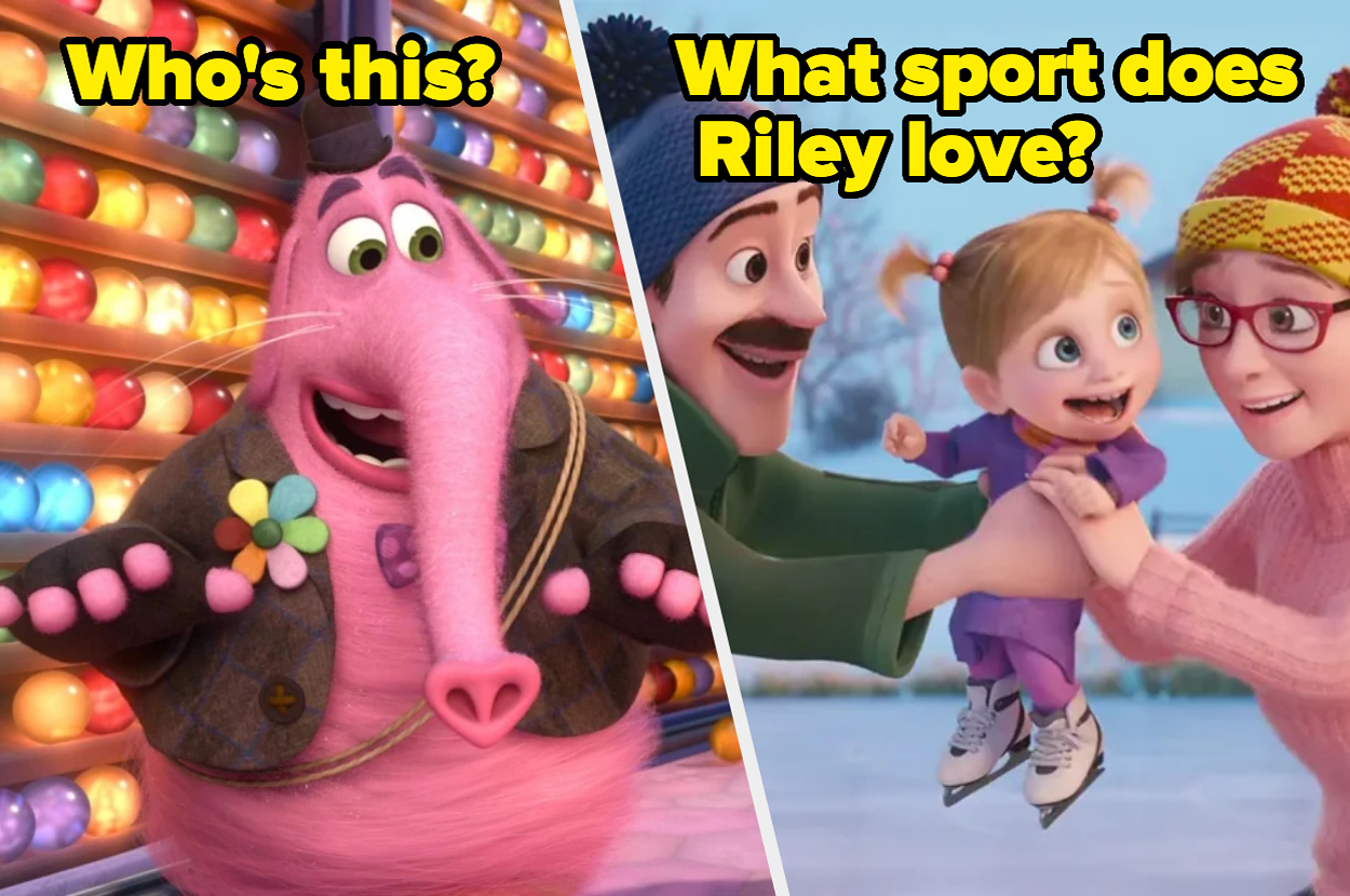 Bing Bong from Inside Out stands in front of colorful balls. Riley, on ice skates, is held by her parents, with both father and mother smiling