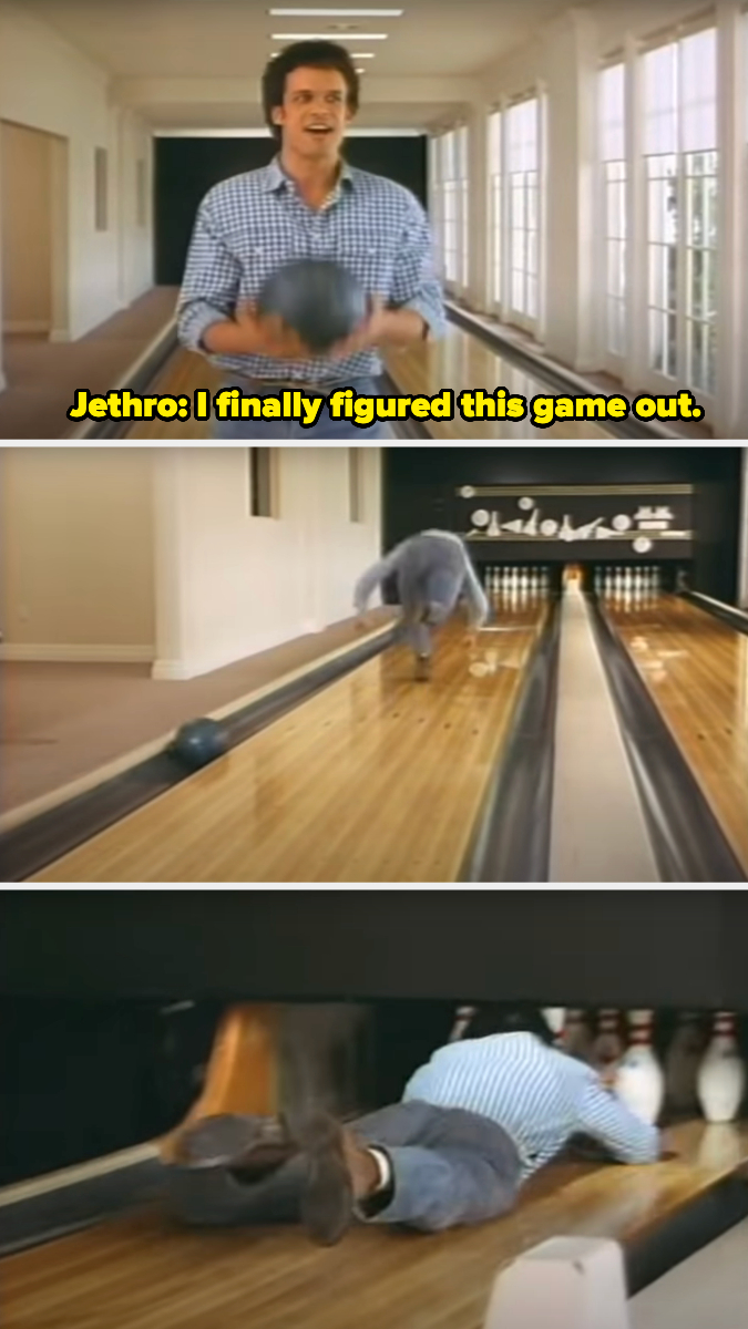 Three images of Jethro, a character from "The Beverly Hillbillies," attempting to bowl, ending up falling and sliding down the lane. Text: "Jethro: I finally figured this game out."