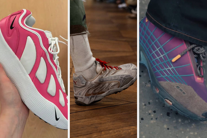 Three close-up images displaying different styles of sneakers: a pink and white sneaker, a gray and red sneaker being worn, and a purple sneaker with blue accents