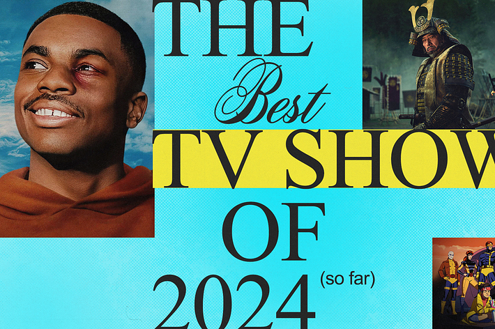 Vince Staples smiling, a samurai warrior, and an animated superhero team are featured in a promotional poster for "The Best TV Shows of 2024 (so far)."