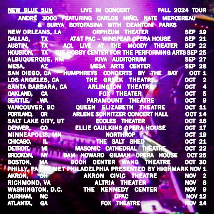 New Blue Sun Fall 2024 Tour schedule listed with city names, theaters, and dates for each concert from September through November
