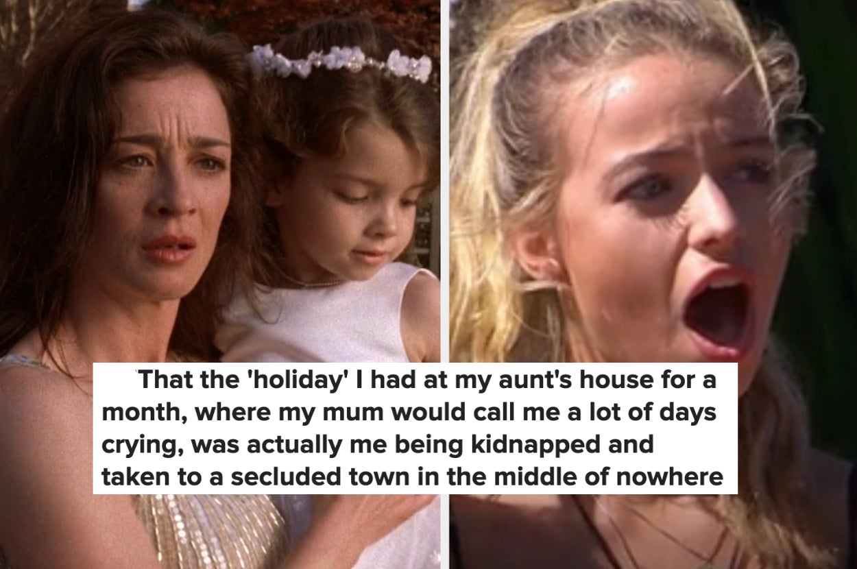 Emily Deschanel holding a child next to a meme with Elsa Jean shocked, text: "That the 'holiday' I had at my aunt's house for a month, where my mum would call me a lot of days crying, was actually me being kidnapped and taken to a secluded town in the mid