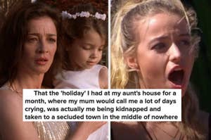 Emily Deschanel holding a child next to a meme with Elsa Jean shocked, text: "That the 'holiday' I had at my aunt's house for a month, where my mum would call me a lot of days crying, was actually me being kidnapped and taken to a secluded town in the mid