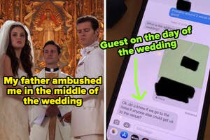 RSVP letter captioned "Added TWENTY extra guests to RSVP" and messy wedding cake with caption "the bride and groom forgot to cut their cake so my friend and I took it into our hands, I now realize my mistake" and "ruined the wedding cake"