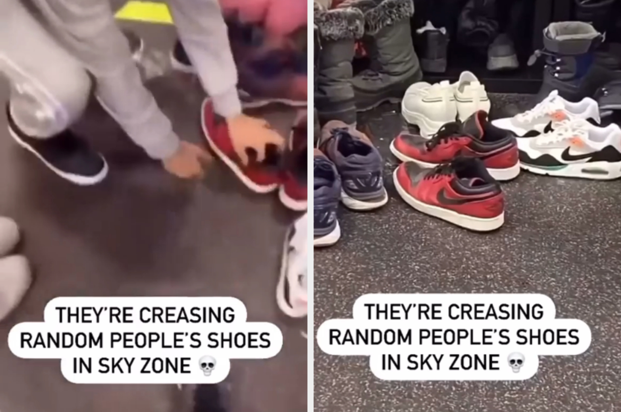 People are seen creasing random shoes at Sky Zone, with several sneakers displayed on the floor. Text in the image reads: "They're creasing random people's shoes in Sky Zone"