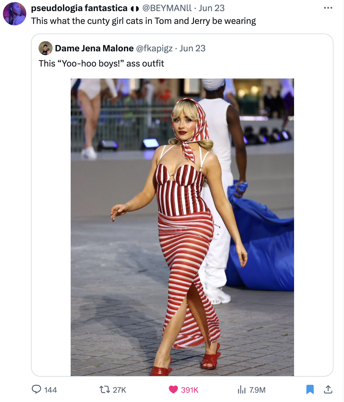 Jena Malone walks a runway in a form-fitting, striped red and white outfit, including a headscarf. The tweet text says: &quot;This 'Yoo-hoo boys!' ass outfit.&quot;