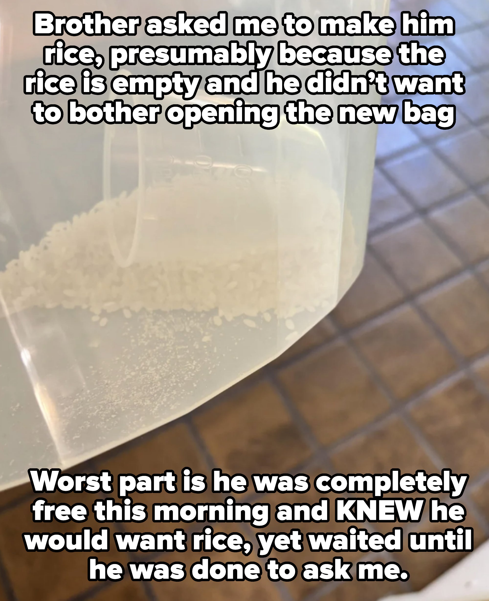 A plastic measuring cup inside a plastic container is partially filled with white rice on a tiled surface