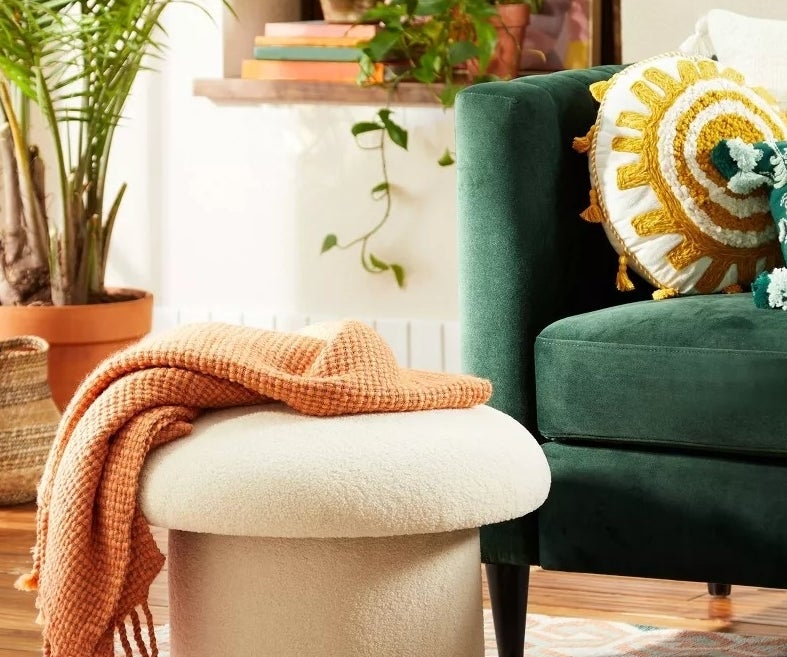 A stylish living room scene featuring a green sofa, a cozy cushioned stool with a throw blanket, a decorative pillow, indoor plants, and a patterned rug