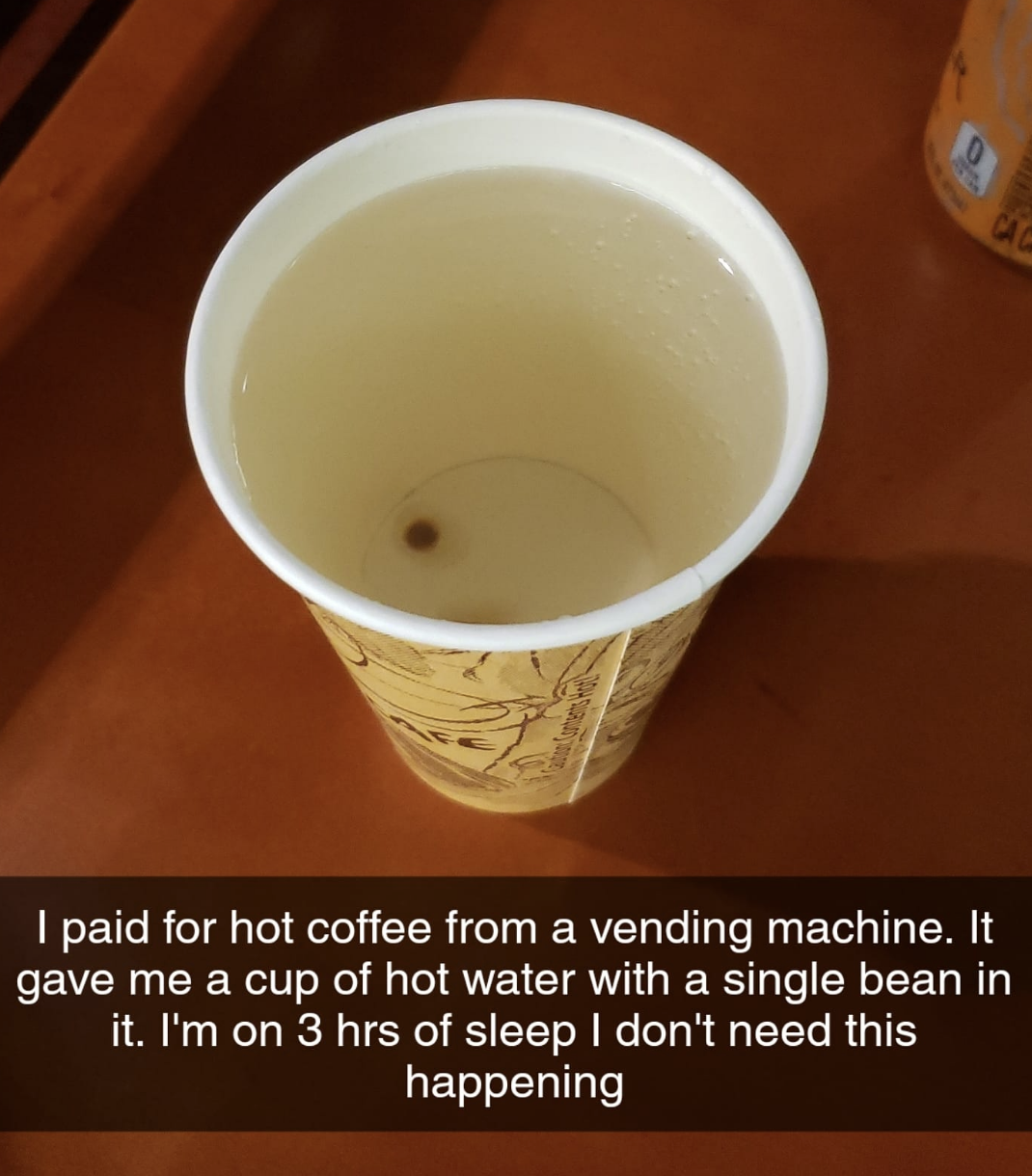 A cup of hot water with a single coffee bean inside is shown. Text reads: "I paid for hot coffee from a vending machine. It gave me a cup of hot water with a single bean in it. I'm on 3 hrs of sleep I don't need this happening."