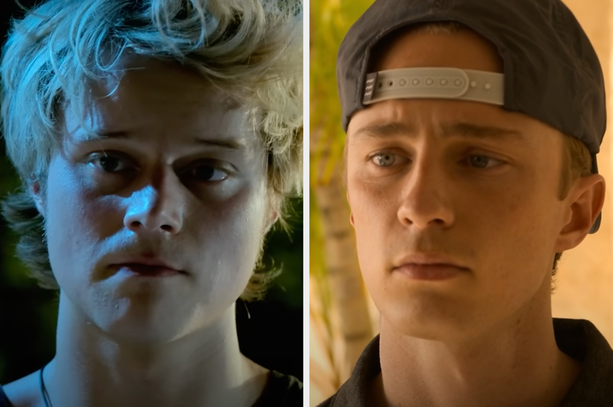 Two side-by-side images featuring close-ups of characters JJ and Rafe from the TV show "Outer Banks," both with serious expressions