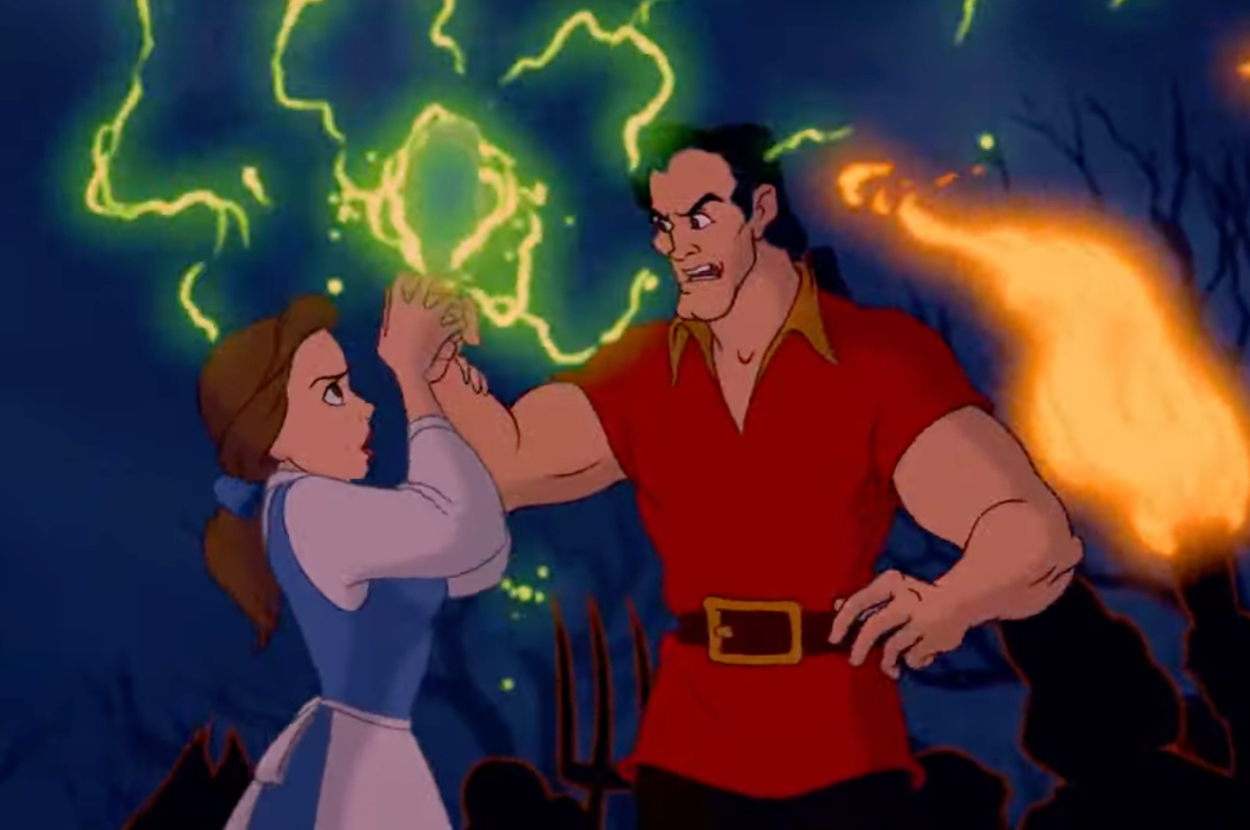 Animated scene of Belle from Beauty and the Beast and Gaston in an intense confrontation. Belle is holding Gaston's hand, and Gaston appears angry