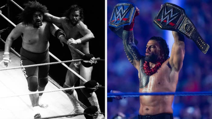 Split image: Left side shows Yokozuna wrestling with an opponent. Right side shows Roman Reigns holding two WWE championship belts above his head in a ring