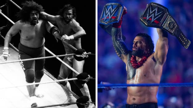 Split image: Left side shows Yokozuna wrestling with an opponent. Right side shows Roman Reigns holding two WWE championship belts above his head in a ring