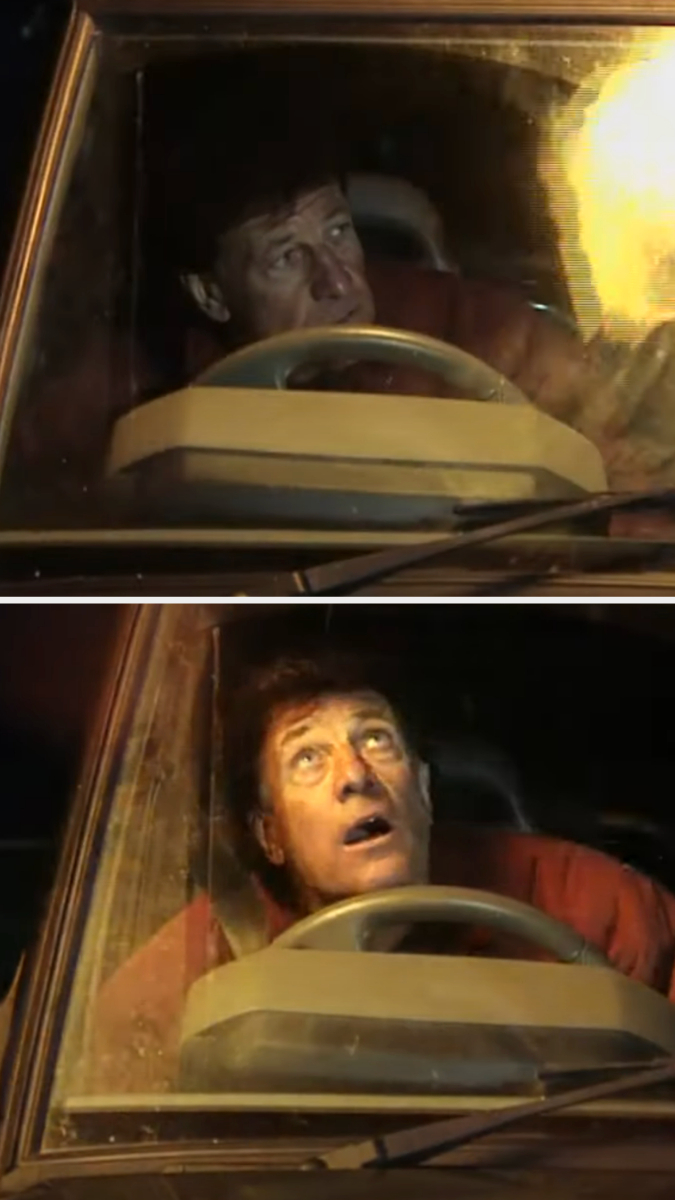 A man is sitting in a car, looking up with a surprised expression in both images. Light is shining from outside the vehicle