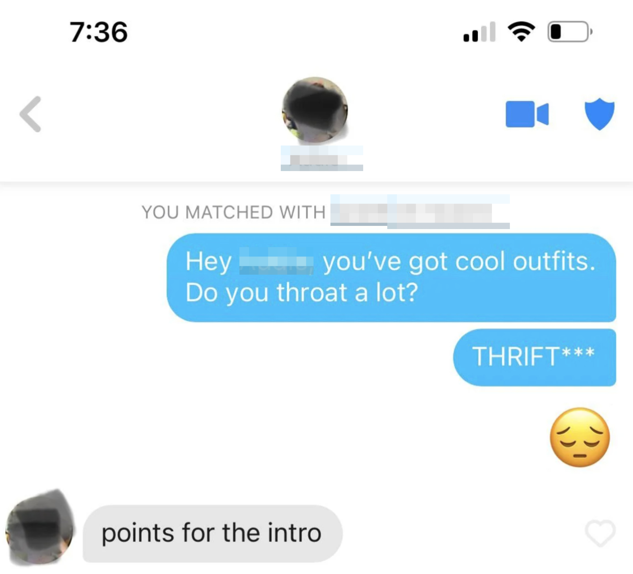 Dating app chat with Addie. Addie is complimented on outfits but asked an inappropriate question. Addie responds humorously with "points for the intro."