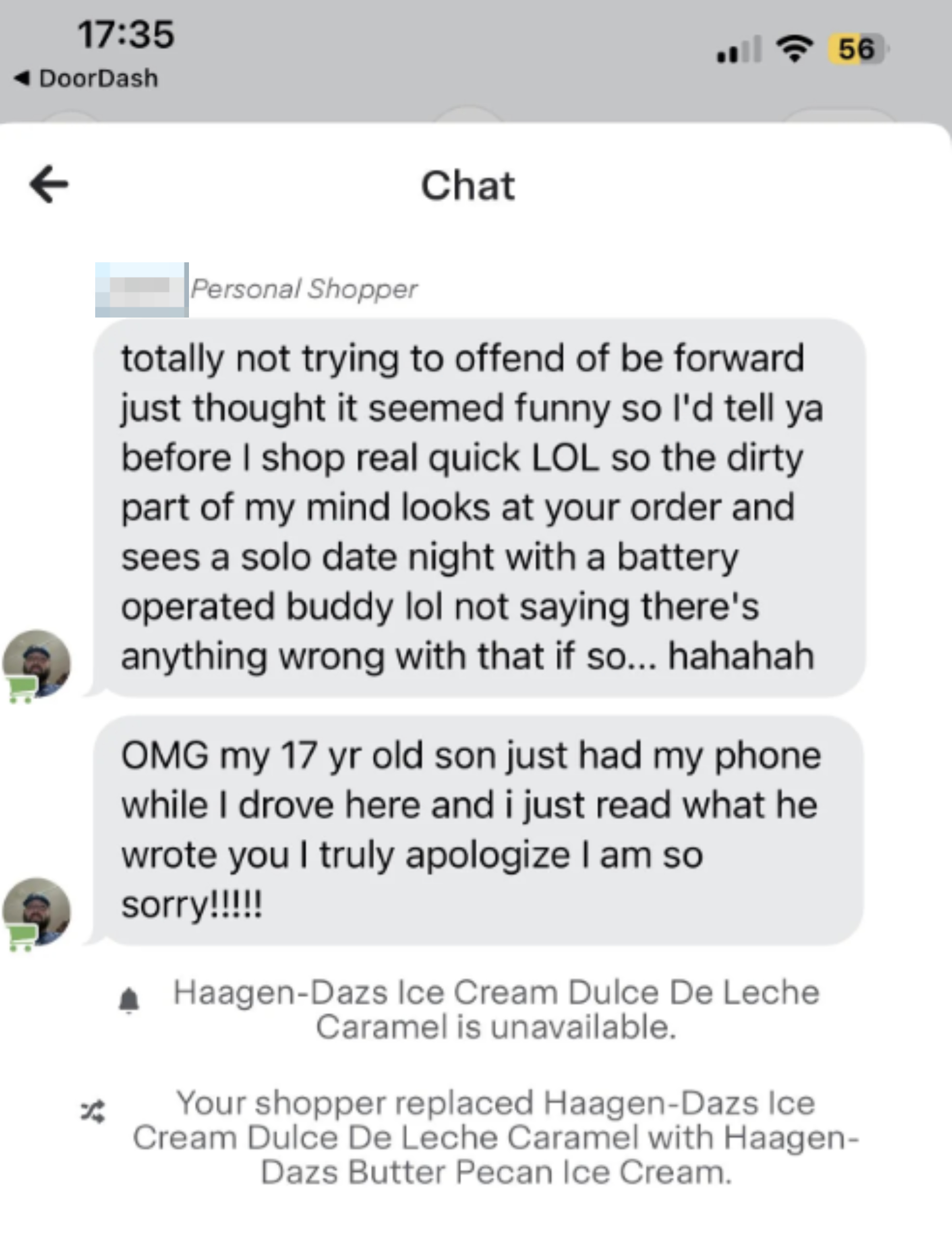 Text message exchange: Person 1 apologizes for their child's inappropriate message. Person 2 updates about unavailable Haagen-Dazs ice cream flavor and its replacement