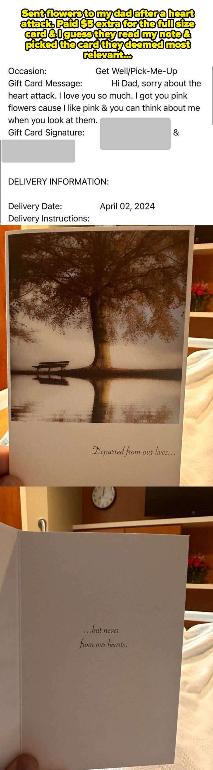 Card with a lake and trees saying "Departed from our lives… but never from our hearts." Gift card message apologizes for a father's heart attack, expressing love. Delivery on April 2, 2024