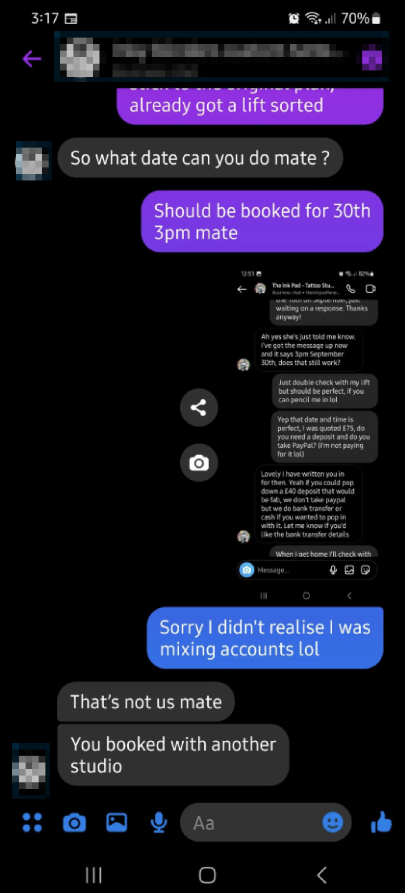 Screenshot of a Facebook Messenger conversation between a user and Inky Blinders Custom Tattoo. The user mistakenly booked another studio