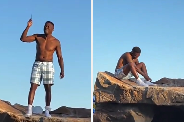Musician Boozie on a large rock, shirtless and in checkered shorts, holding an object in the air in one frame and sitting down in the second frame
