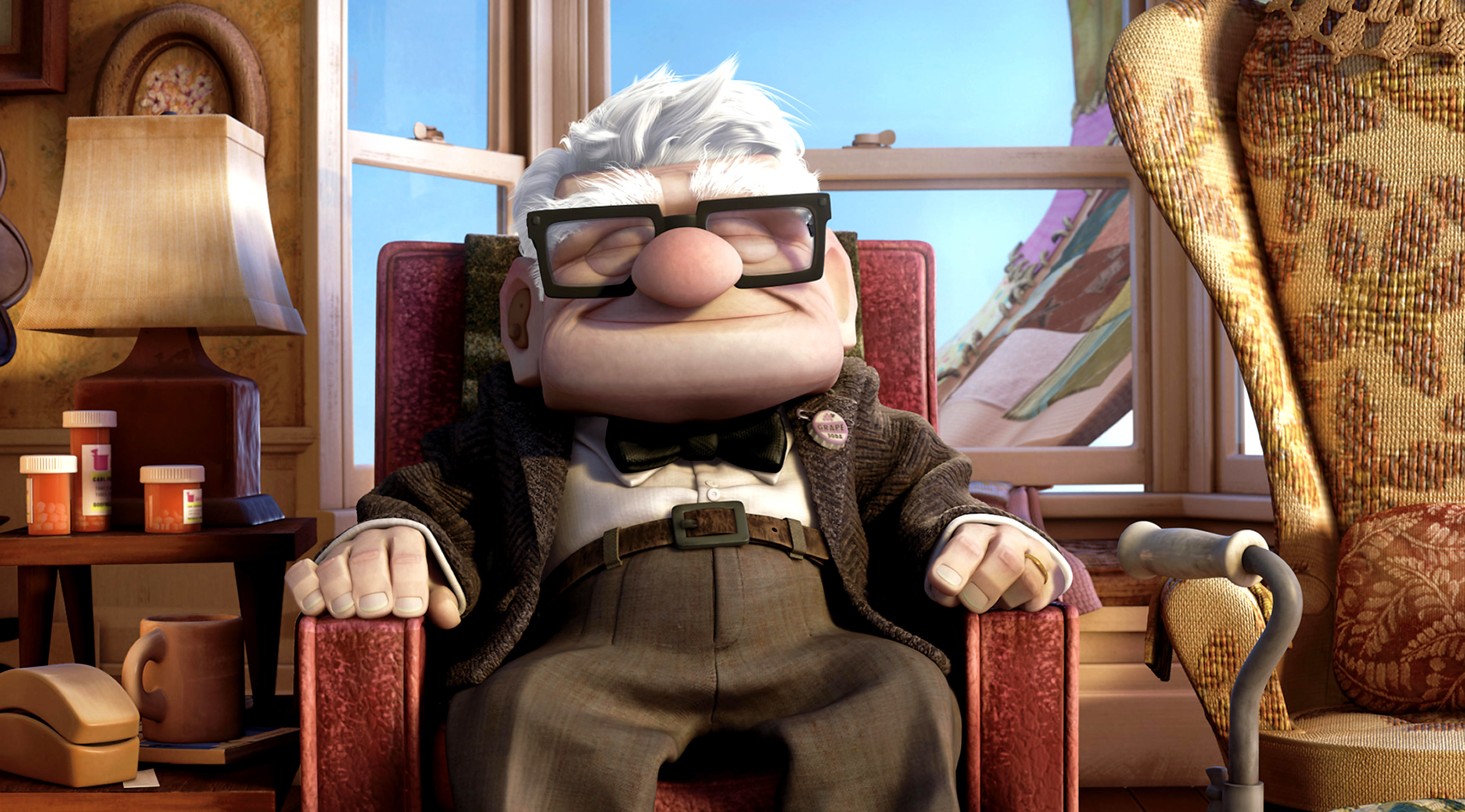 Carl Fredricksen sits comfortably in an armchair in a cozy living room, with his eyes closed and a slight smile in a scene from &quot;Up&quot;
