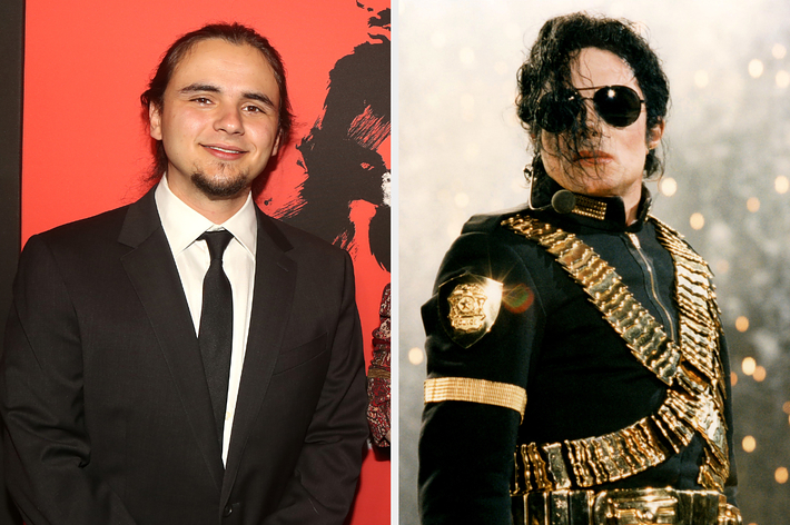 Prince Jackson in a black suit and tie on the left, Michael Jackson in a military-style outfit with gold accents on the right