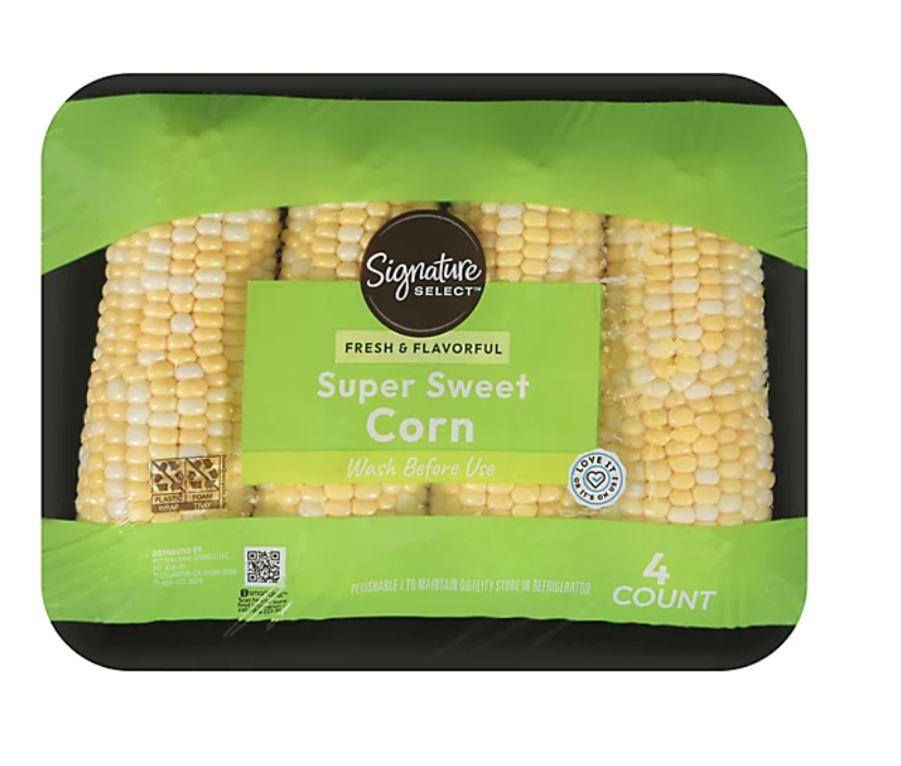 Fresh & flavorful Signature SELECT Super Sweet Corn package, containing 4 ears of corn.