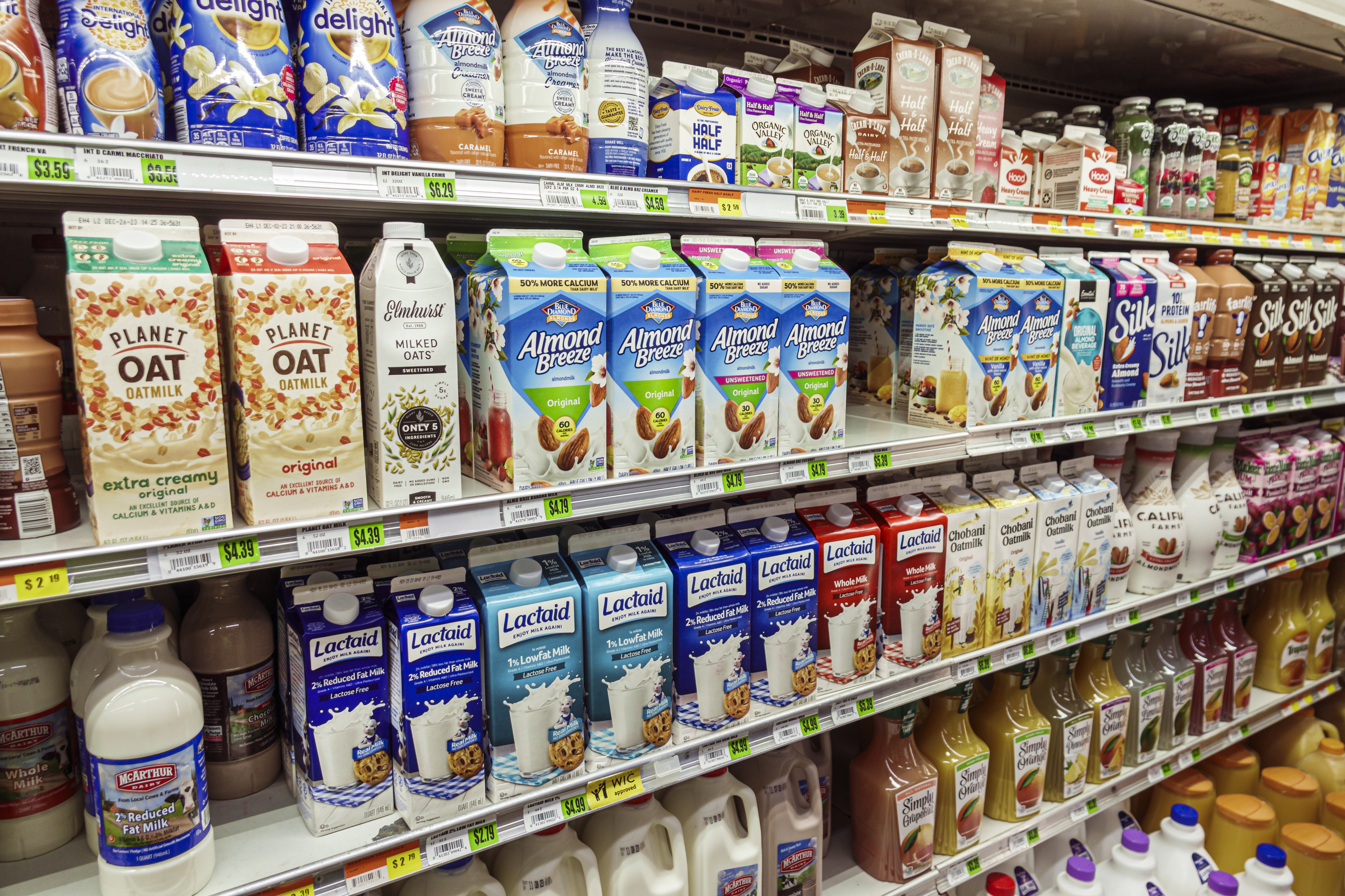 Grocery store shelf filled with various brands of milk and milk alternatives, including Planet Oat, Almond Breeze, Lactaid, and Silk