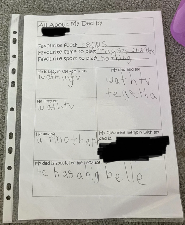 A handwritten worksheet titled &quot;All About My Dad by [child's name].&quot; It lists dad's favorite food, games, sports, activities, and why dad is special