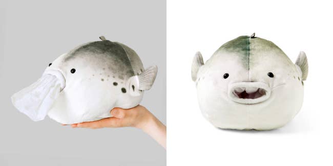 口から水を吐くフグのぬいぐるみティッシュケース 左向き/正面