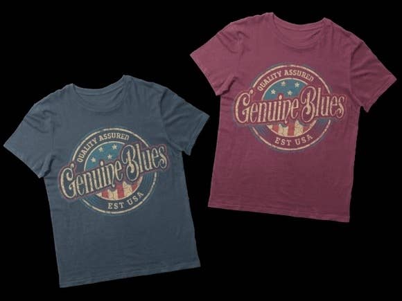 Two t-shirts with \"Genuine Blues, Quality Assured, EST. USA\" text printed in a circular logo on the front