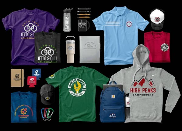 Promotional items from various brands, including t-shirts, hoodies, caps, mugs, and other merchandise items attractively displayed