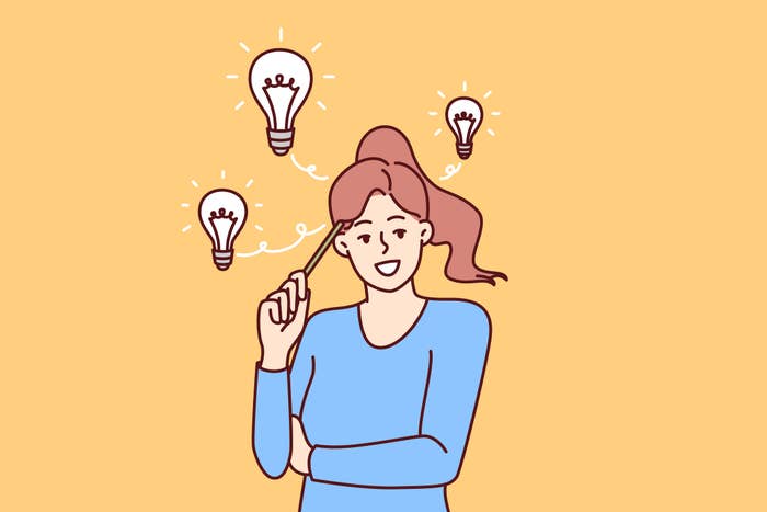 Cartoon woman with a light bulb moment, surrounded by light bulbs representing ideas, holding a pencil and smiling, on a plain background