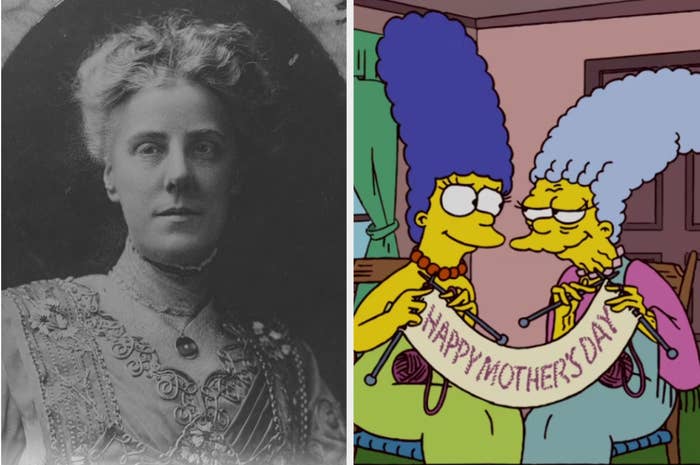 Left: Sepia portrait of Anna Jarvis. Right: Cartoon of Marge and Jacqueline Bouvier from The Simpsons holding a "Happy Mother's Day" banner