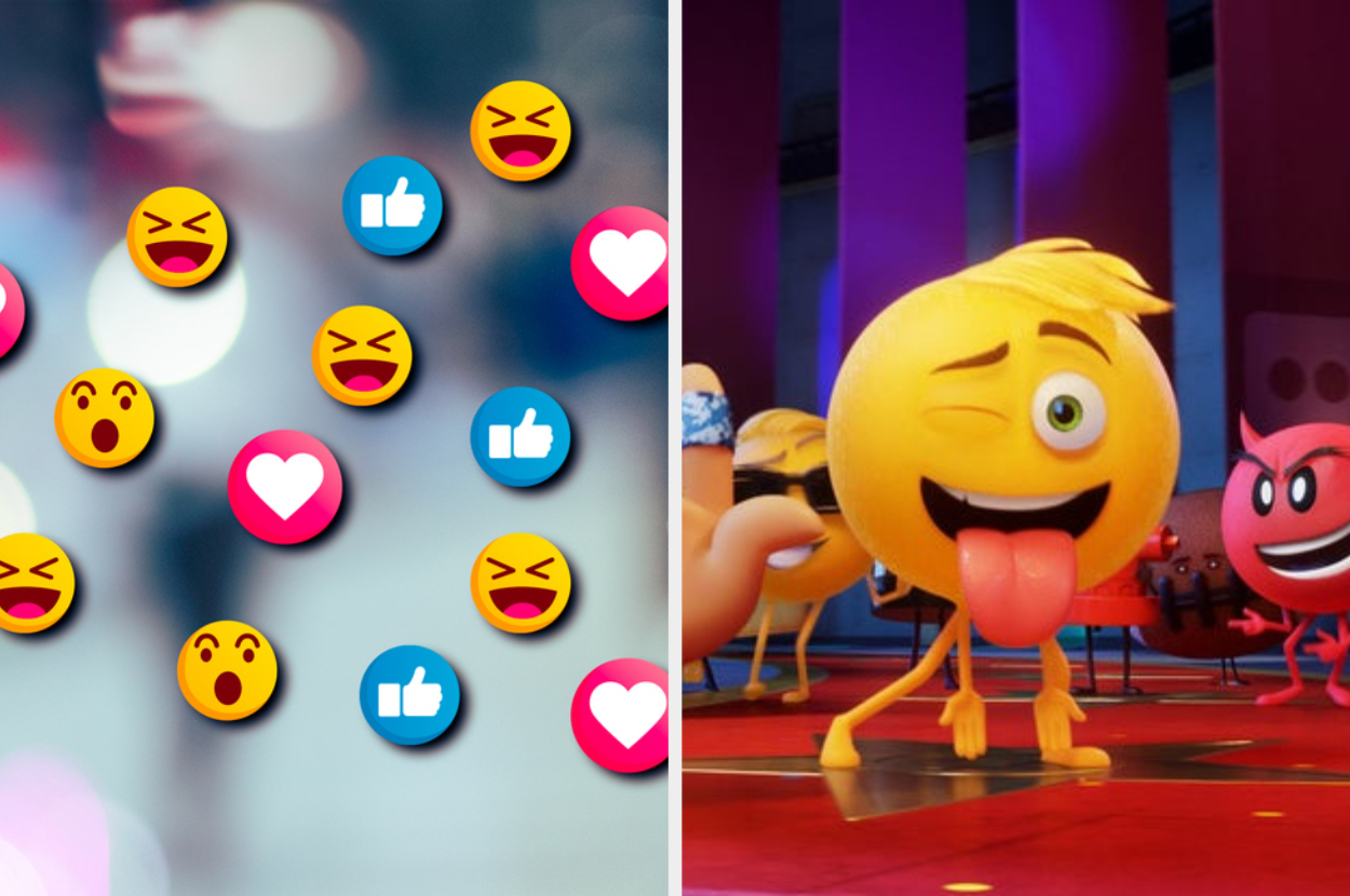 Emojis with various reactions are on the left. Gene from The Emoji Movie winks and sticks out tongue on the right, with the devil emoji and others in the background