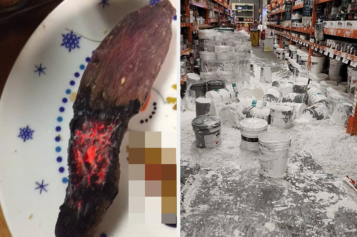 Left image: A boat is stranded on a sandbar with the text “Someone made a big mistake.”
Right image: Worn shoe at top of an escalator with the text “The escalator ate my shoe."