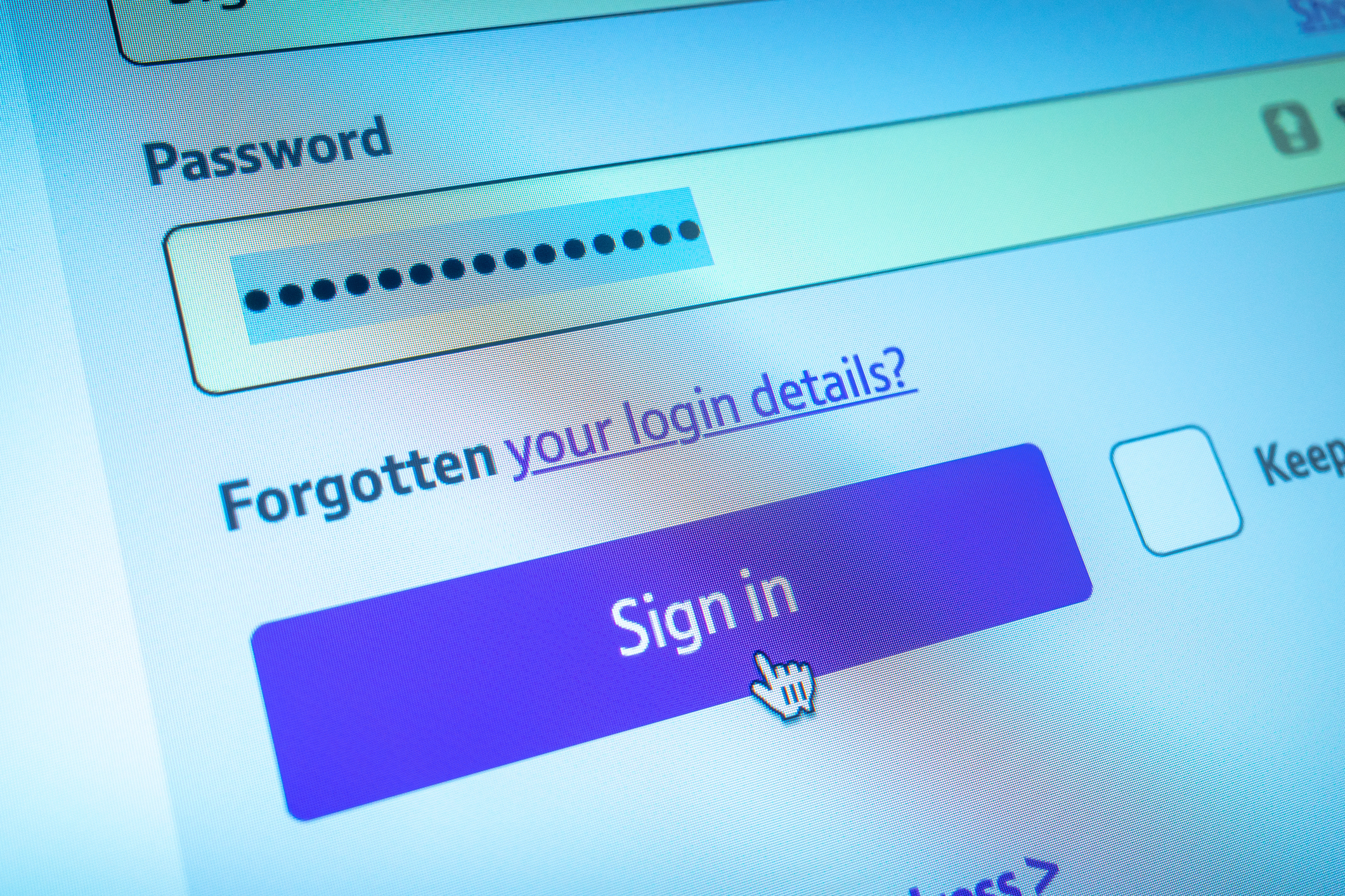 A login page with a password field, a "Forgotten your login details?" link, and a "Sign in" button being clicked by a cursor